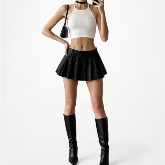 Lioness Black Faux Leather Micro Mini Pleated Skater Skirt Skort Size XS - Picture 2 of 6